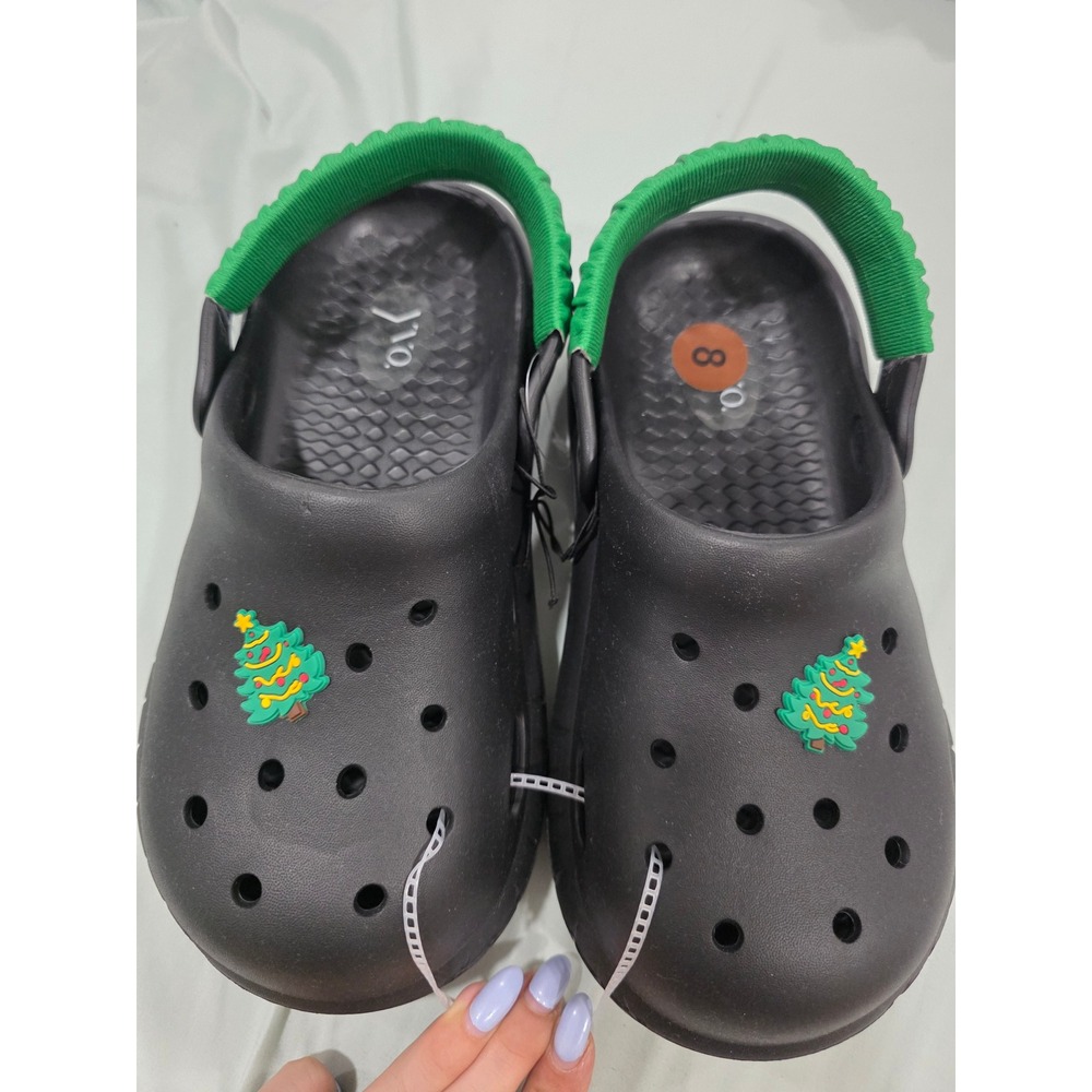 Joybees Modern Clog Black Green Christmas Tree Charms Size 8-9 Holiday Shoes